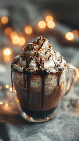Cup of hot chocolate with whipped cream and cocoa powder on a light backgroundの写真素材