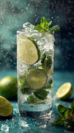 Mojito cocktail with lime, mint and ice on blue backgroundの写真素材