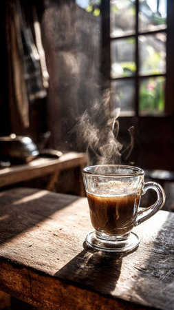 Coffee in a glass cup on the wooden table with sunlightの写真素材
