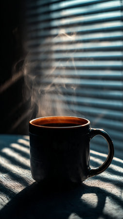 Cup of coffee on the background of a window with blindsの写真素材