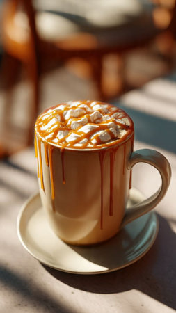 Hot chocolate with marshmallows in a cup on the table.の写真素材