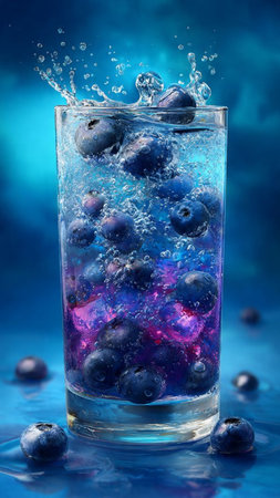 Blueberry cocktail with ice cubes, blueberries and splashes on blue backgroundの写真素材