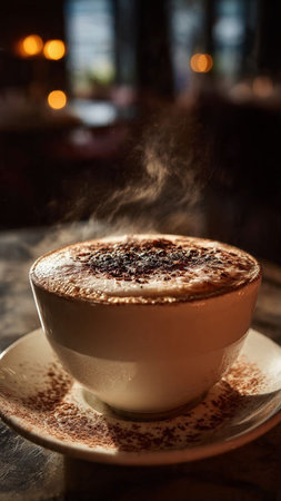 A cup of hot cappuccino on the table in cafeの写真素材