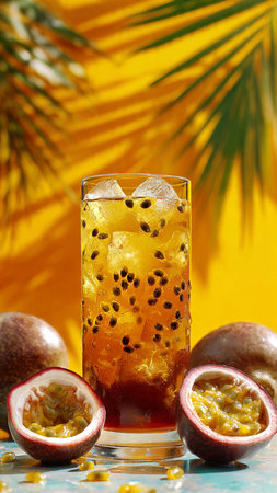 Passion fruit juice with ice cubes and passion fruit on yellow background