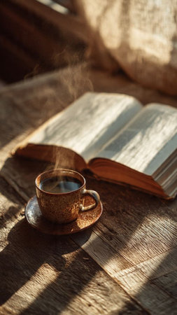 Cup of coffee and book on the wooden table at morning timeの写真素材