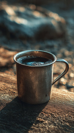 Coffee cup on the wooden table in the morning light.の写真素材