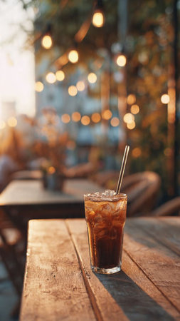 Glass of iced coffee on wooden table in cafe, closeupの写真素材