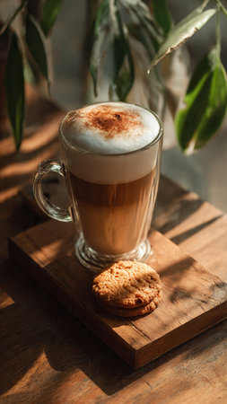 Cappuccino with cookies on a wooden table in a cafeの写真素材