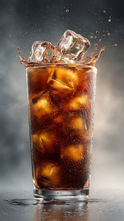 cola with ice cubes and splash on dark background, close up
