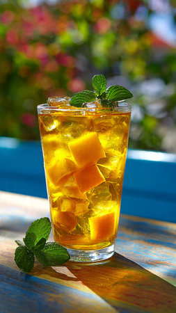 Mango ice tea with mint in a glass on the terraceの写真素材