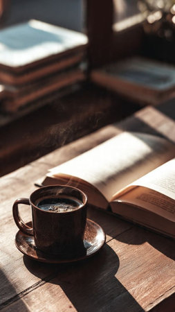 Cup of coffee with book on wooden table in sunlight, close upの写真素材