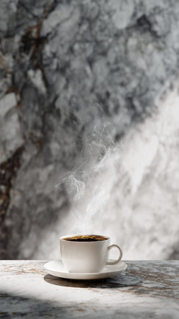 Coffee cup on marble table and stone wall background.の写真素材