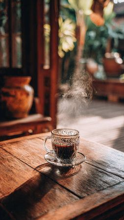 Cup of hot coffee on wooden table in cafe, stock photoの写真素材