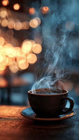 Cup of coffee on the table in cafe with bokeh backgroundの写真素材