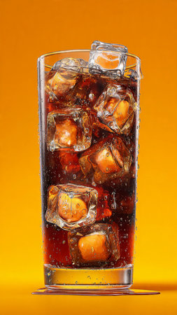 Cola with ice cubes in glass on orange background, close-upの写真素材
