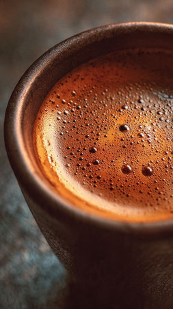 Cup of coffee with water drops on wooden table, closeupの写真素材