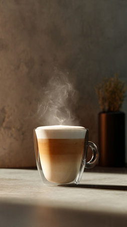 Coffee cup with steam in morning light.の写真素材