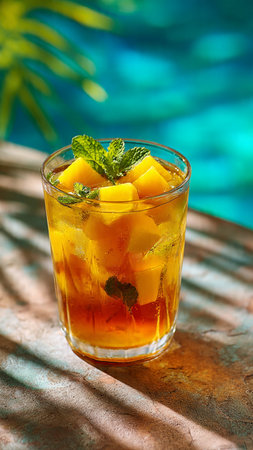 Refreshing summer cocktail with mango, mint and ice cubes.の写真素材