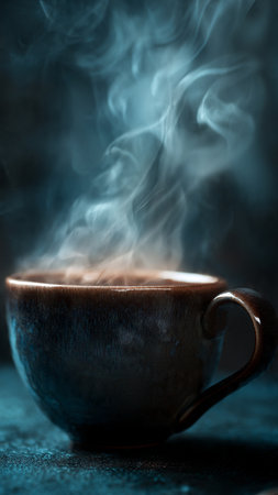 Cup of coffee with smoke on blue background. Selective focus.の写真素材