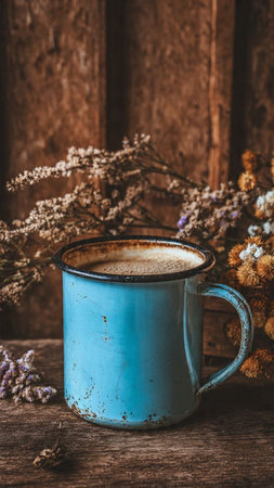 Coffee cup and dry flowers on wooden background, vintage styleの写真素材