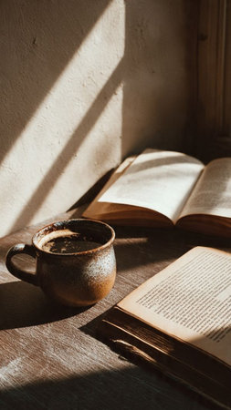 Cup of coffee and open book on a wooden table in sunlightの写真素材