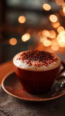 Cup of coffee on table in cafe, closeup. Christmas atmosphereの写真素材