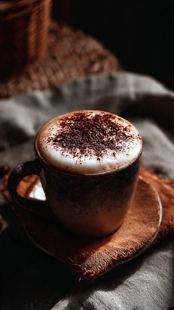 Cappuccino with chocolate and cocoa powder on a dark backgroundの写真素材