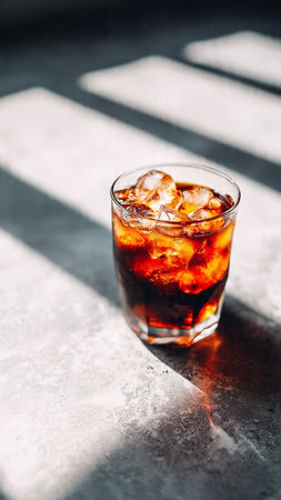 Glass of cola with ice cubes on dark background, selective focusの写真素材