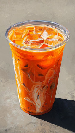 Iced tea with ice cubes in plastic cup on concrete background.の写真素材