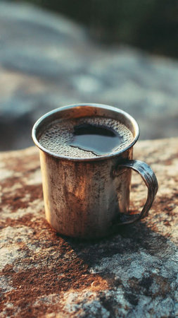 Cup of coffee on the rock, vintage style, shallow depth of fieldの写真素材