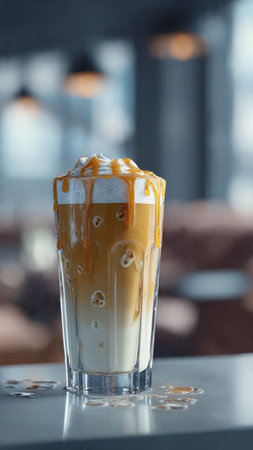 Iced coffee with caramel in glass on table in cafe, closeupの写真素材