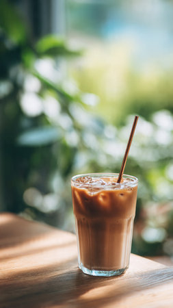 Iced coffee in glass on wooden table in cafe, stock photoの写真素材