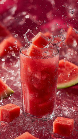 Fresh watermelon juice splashing into a glass with ice cubes.の写真素材
