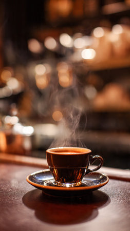 Cup of coffee on the bar counter in a cafe with smokeの写真素材