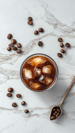 Glass of cola with ice cubes and coffee beans background