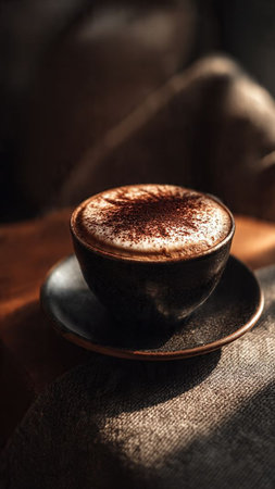Cappuccino with cocoa powder on a dark background. Cup of coffeeの写真素材