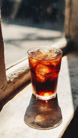 Iced cola with ice cubes in a glass on the windowsillの写真素材