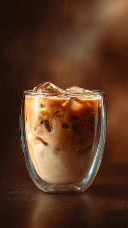 Ice coffee with milk in a glass on a dark brown background.