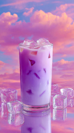 Purple milk tea in a glass with ice cubes on a pink backgroundの写真素材