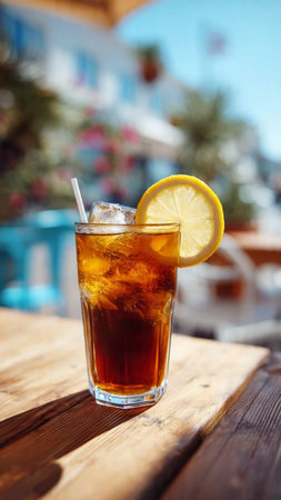 A glass of cola with ice and lemon on a wooden tableの写真素材