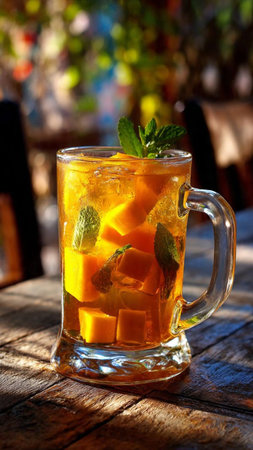 Iced tea with mango and mint in a glass on a wooden tableの写真素材