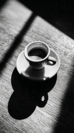 Cup of coffee with shadow on the table. Black and white photo.の写真素材