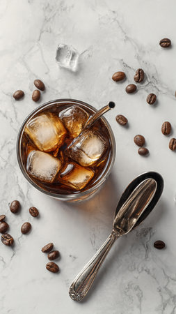 Glass of cola with ice cubes and coffee beans on the tableの写真素材