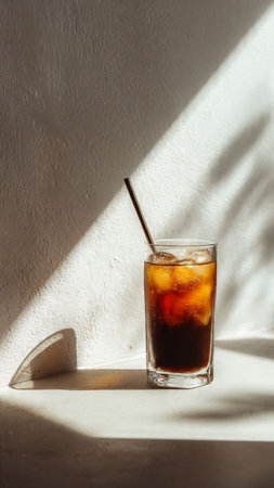 Cola with ice cubes in a glass on a white background with shadowの写真素材