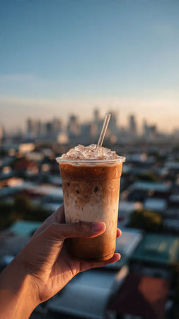 Iced coffee with milk in hand, Bangkok city background, Thailandの写真素材
