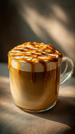 Cappuccino in a glass cup with caramel on the tableの写真素材