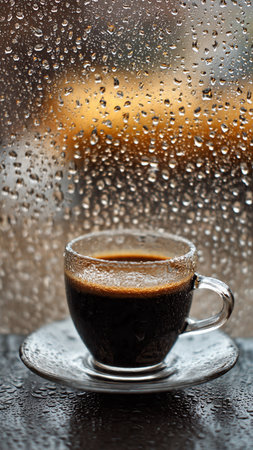 Cup of coffee with drops of rain on the background of the windowの写真素材