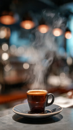 Cup of coffee on the table in cafe. Shallow depth of field