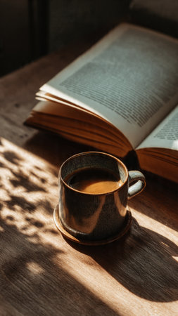 Cup of coffee and open book on wooden table in morning sunlightの写真素材