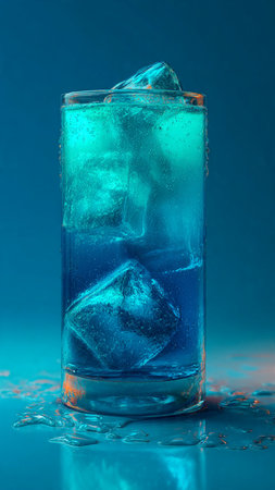 Cold blue cocktail with ice cubes on blue background. Closeup.